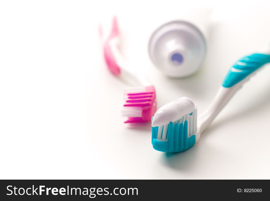 Toothpaste and toothbrushes closeup. dental care