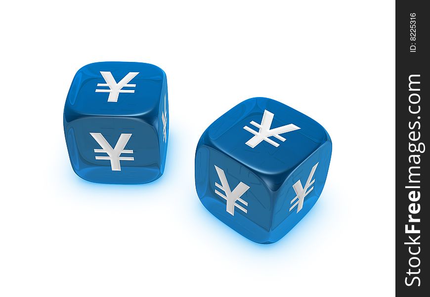 Pair of translucent blue dice with yen sign