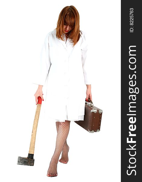 Woman with axe and suitcase isolated on white