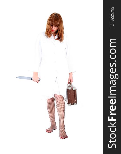 Woman with knife and suitcase isolated on white