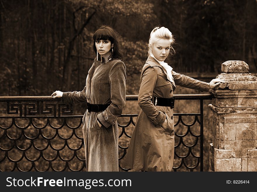 Two lovely girl in fall park in sepia toned. Two lovely girl in fall park in sepia toned