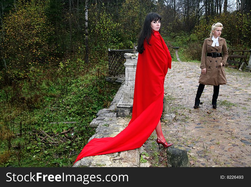 Two girls in fall park. Two girls in fall park