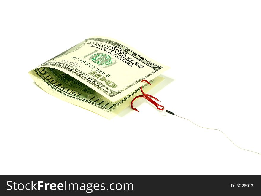 Banknote of hundred dollars on a fishing hook, isolated on a white background