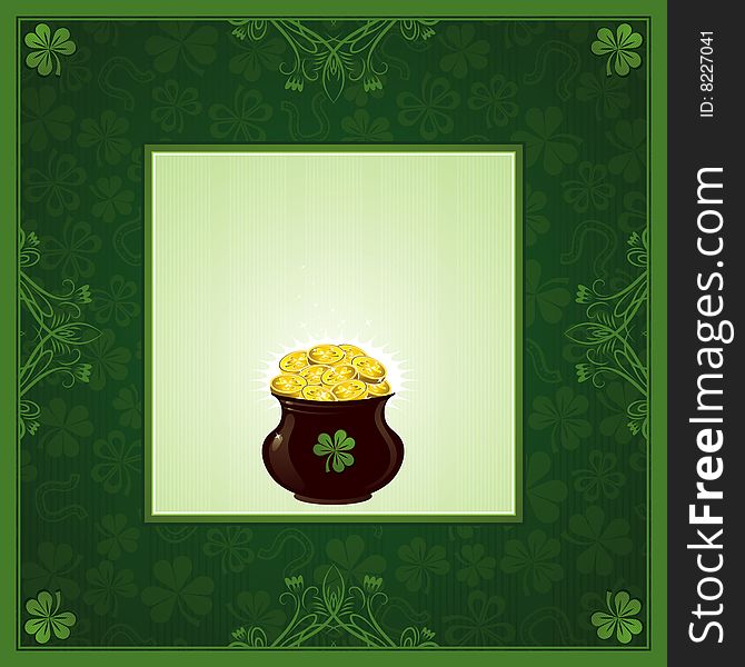 Green background with shamrock and pot with golden coins. Green background with shamrock and pot with golden coins