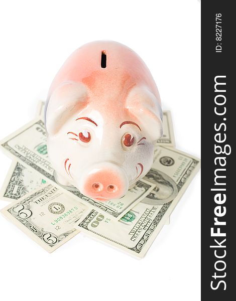 Happy piggy bank with cash