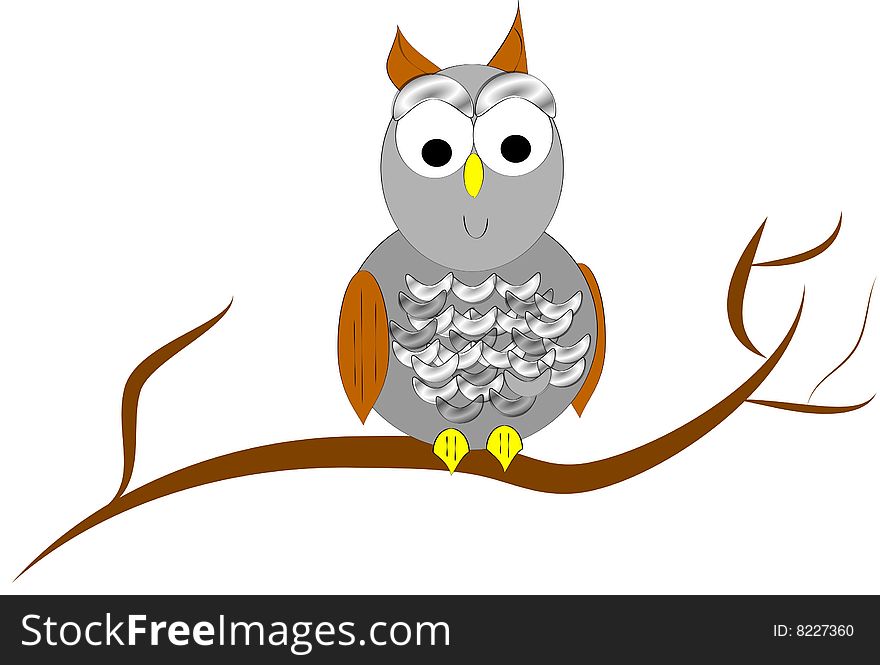 Illustration of owl in tree in 3d and on white
