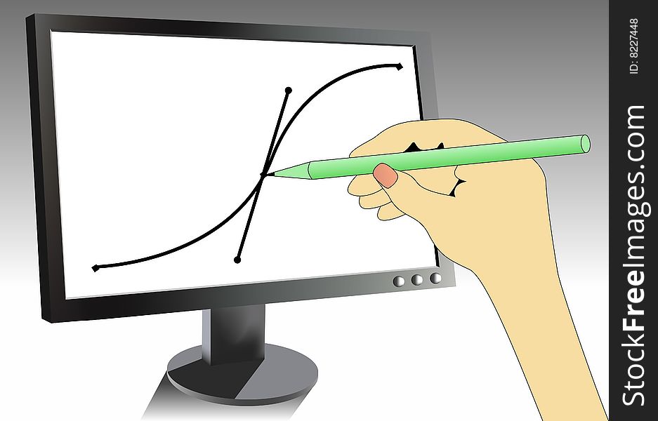 Hand illustrating on monitor, vector illustration. Hand illustrating on monitor, vector illustration
