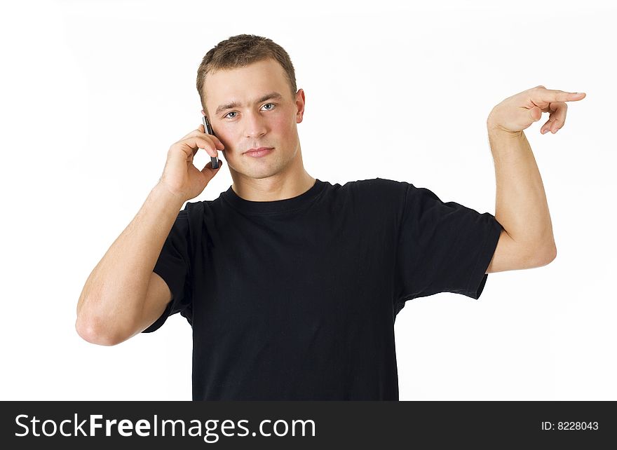 Young man calling over white background