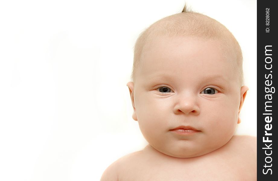 Close up baby portrait over white