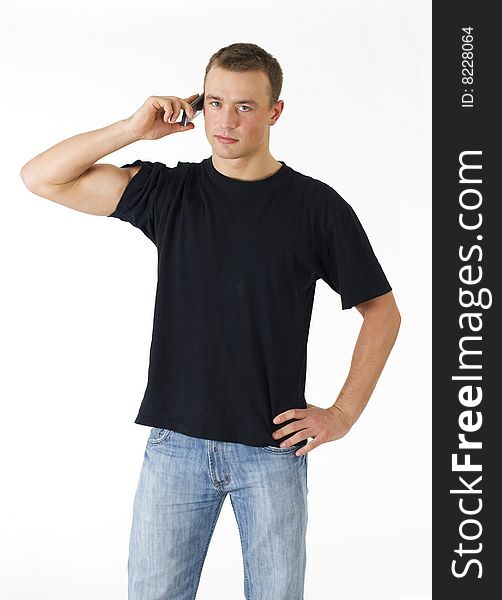 Young man calling over white background