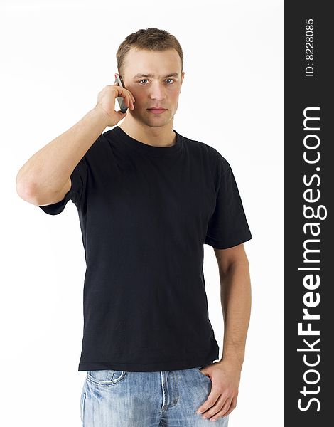 Young man calling over white background