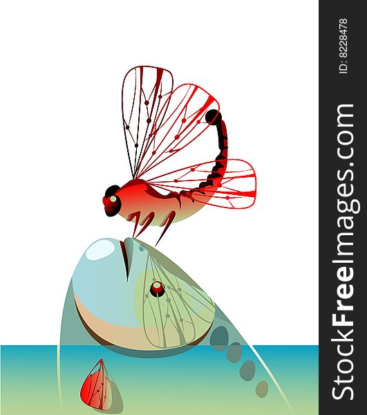 Red dragonfly perched on a blue fish (EPS and JPG formats). Red dragonfly perched on a blue fish (EPS and JPG formats)