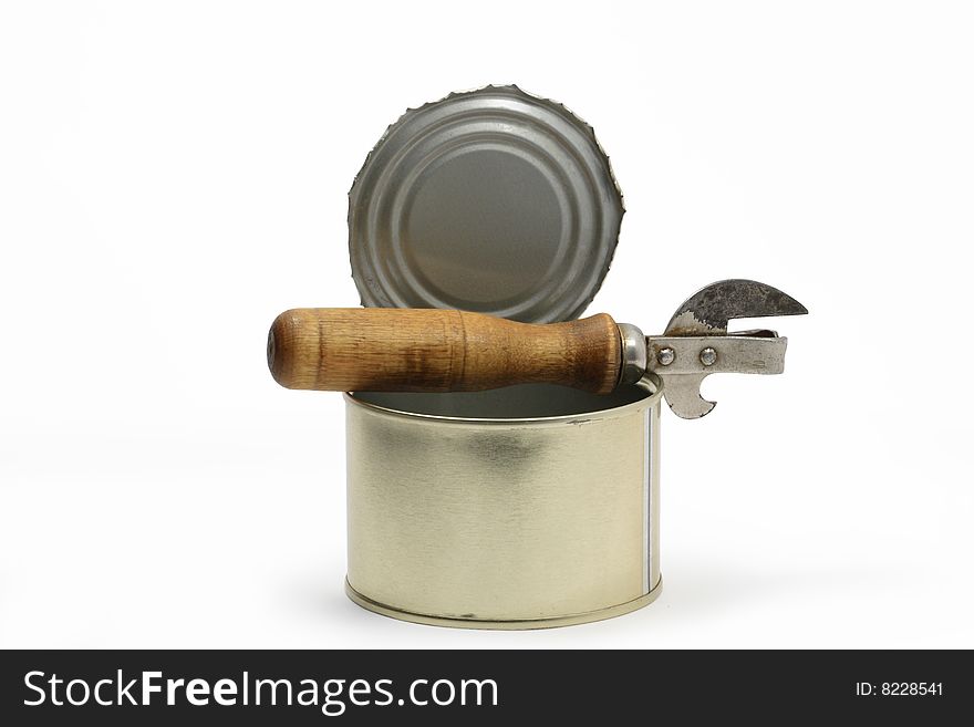 Opened canned food with can opener isolated on white background