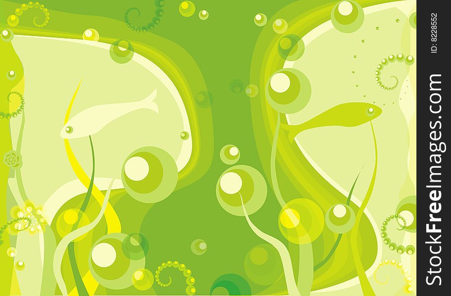 Green submarine background with two fishes, tender combination of colors, very beautiful