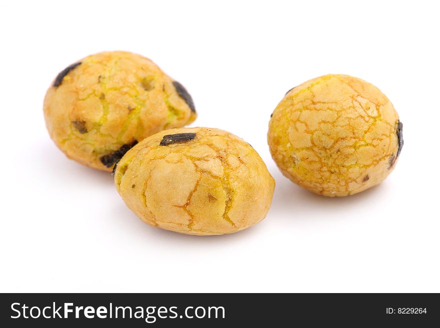 Three seaweed snack balls isolated over white background.