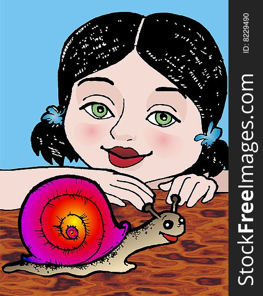 Girl with green eyes looking at a snail. Girl with green eyes looking at a snail