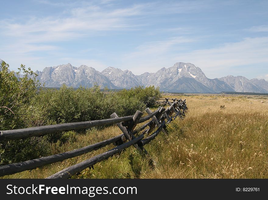 A pole fence in the valley of Grand Teton national Park. A pole fence in the valley of Grand Teton national Park