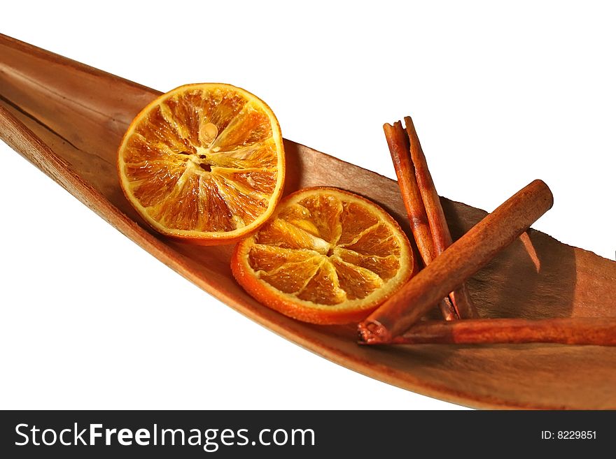 Cinnamon Sticks And Orange Slices, Isolated