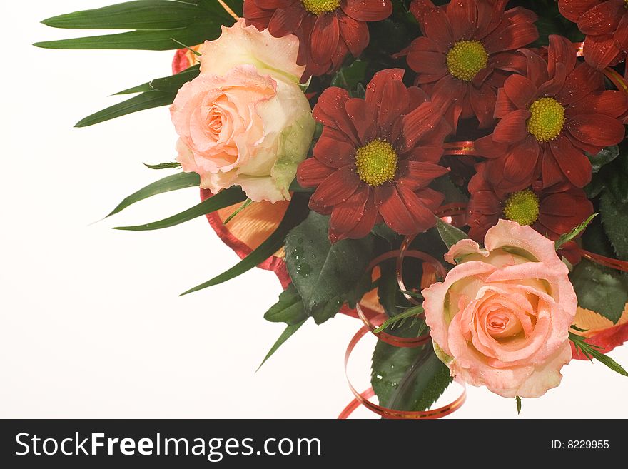 Bouquet of red flowers and pink roses