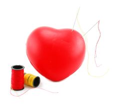 Heart Shaped Pincushion With Spools And Needles Stock Photos Heart Shaped Pincushion With Spools And Needles Stock Photos
