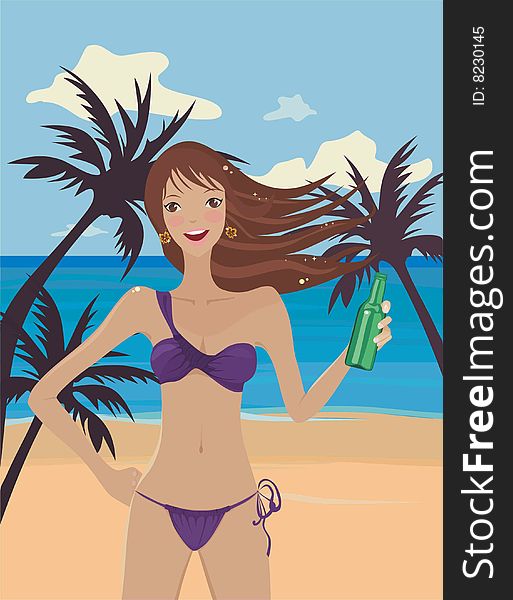 Smiling girl in violet bikini with a bottel on a beach. Smiling girl in violet bikini with a bottel on a beach