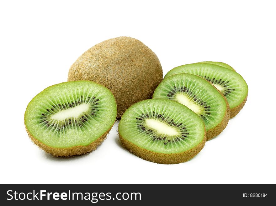 Fresh Kiwi, whole, sliced, and half, isolated on a white background copy space