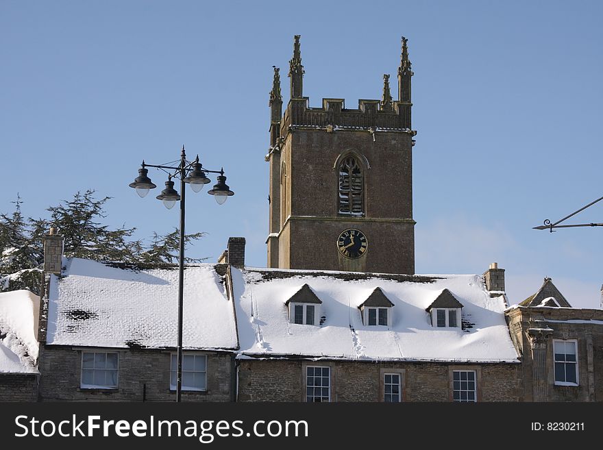 St Edwards Church tower in the snow, at Stow on the Wold. St Edwards Church tower in the snow, at Stow on the Wold