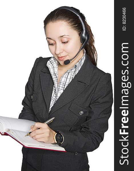 Young businesswoman with headset and organizer