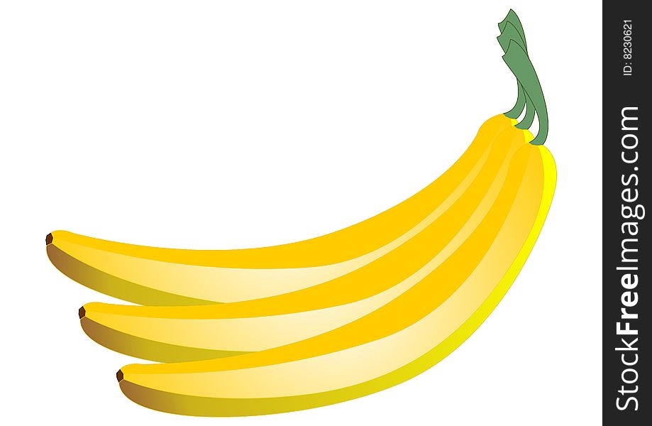 Three ripe yellow bananas isolated on white background. Abstract illustration.