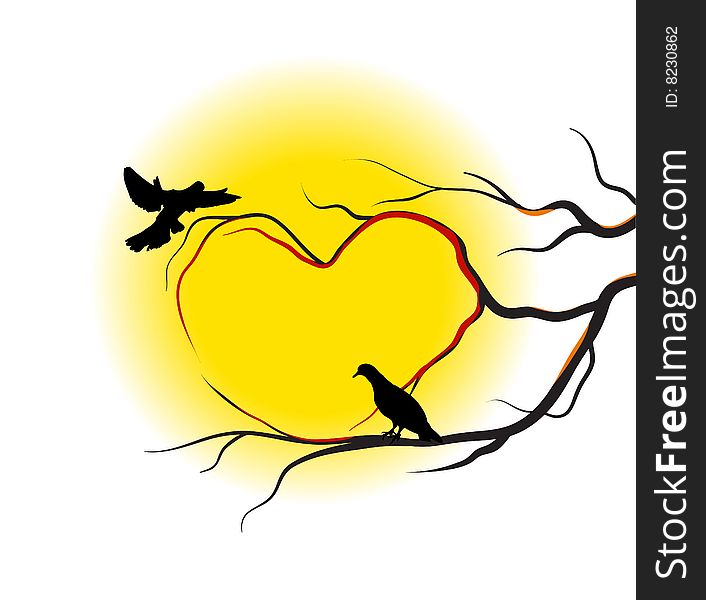 Bird's love. Artistic vector illustration of sun and tree.