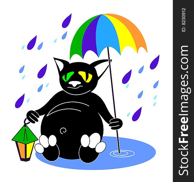 Lonely cat with umbrella and lantern