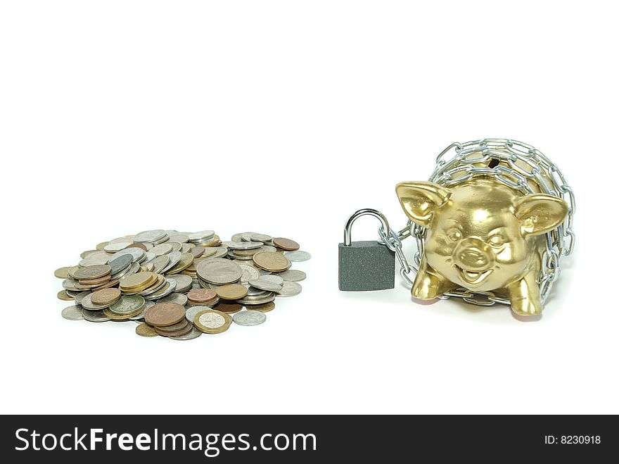 Piggy bank  isolated on white background with coins