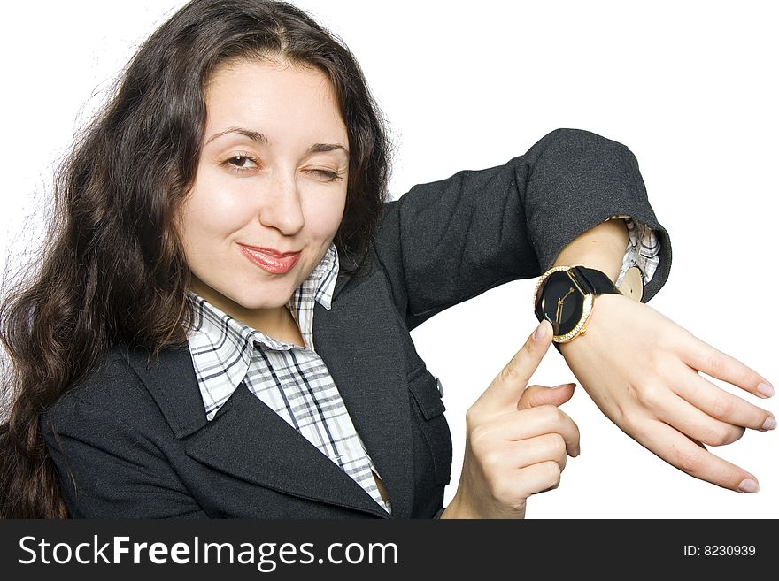 Young businesswoman showing her watch. Young businesswoman showing her watch