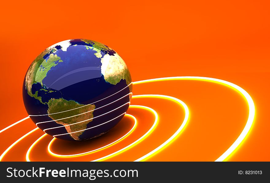 3d earth on orange background with glowing circles