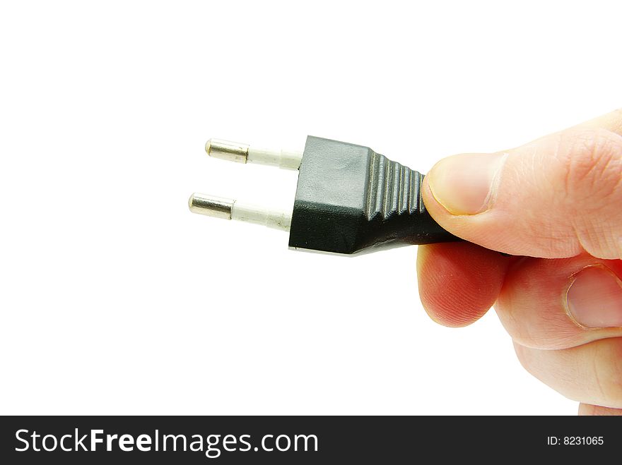 Hand with plug over white background