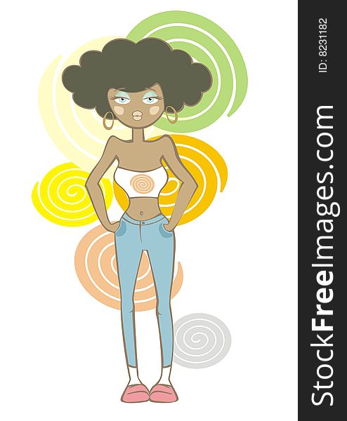 Black girl-boy in jeans on a background of colored circles