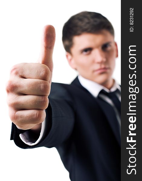 Man with thumb up on white background