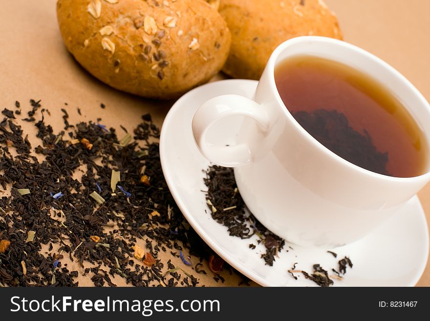 Cup of tea and bread closeup