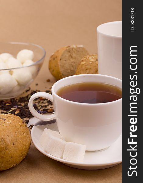 Cup of tea, mozzarella and bread closeup