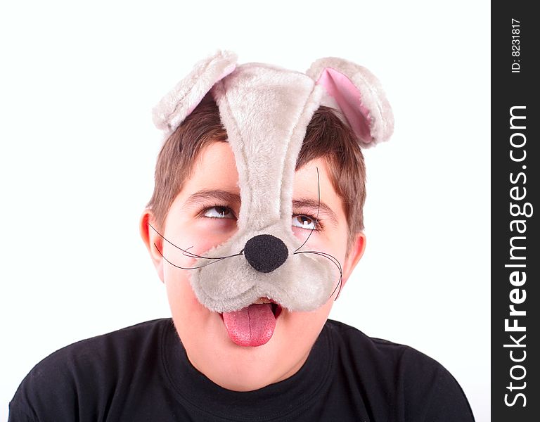 Happy boy in mask on white