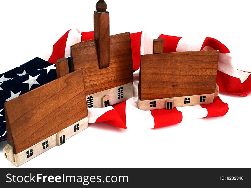 Homemade houses with an American flag. Homemade houses with an American flag.