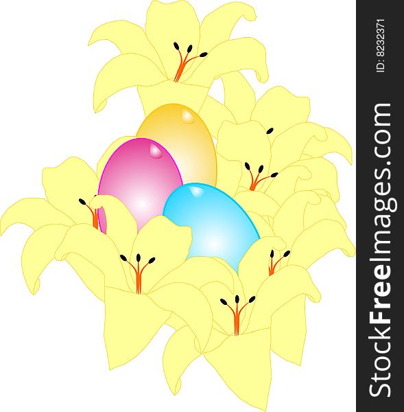 Bouquet of Yellow Lilies and some colored eggs around them. Bouquet of Yellow Lilies and some colored eggs around them..