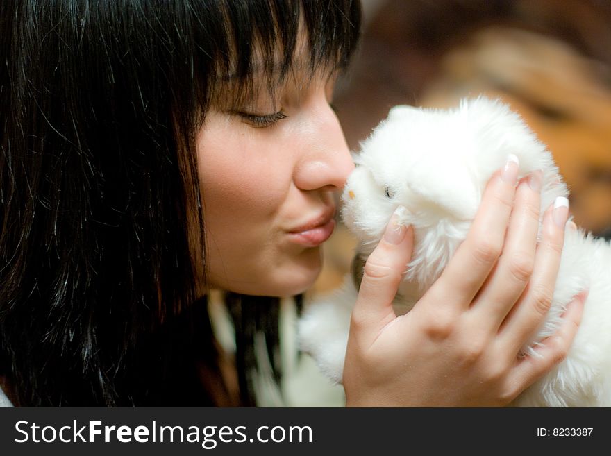 Beautiful girl holds a toy - white kitten. Beautiful girl holds a toy - white kitten