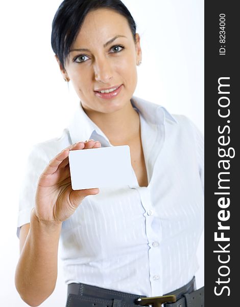 Attractive Business Woman Holding A Blank Card