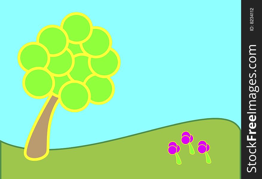 Vector illustration of landscape with tree and flowers