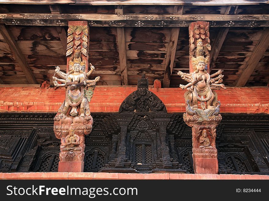 Intricately carved temple struts, hindu goddess,nepal