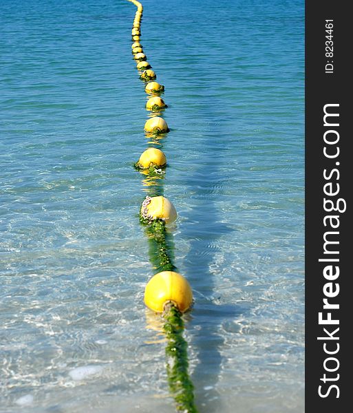 Yellow floats line over blue water