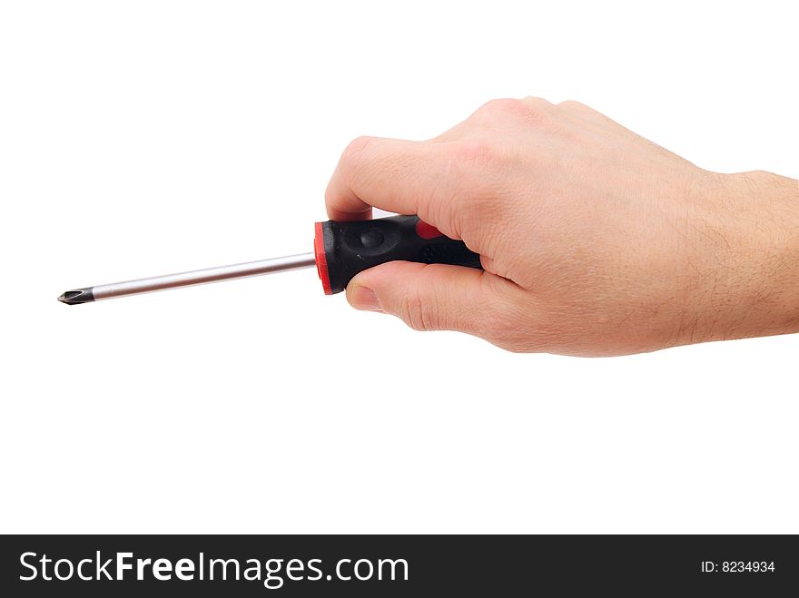 Hand holding screwdriver isolated over white background