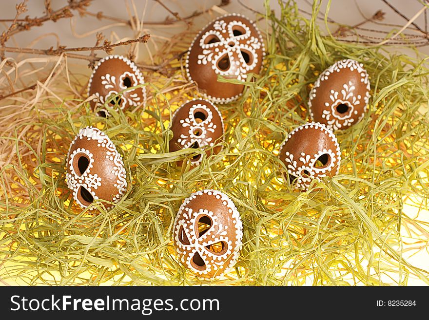 Ornate Easter gingerbread eggs in spring decoration