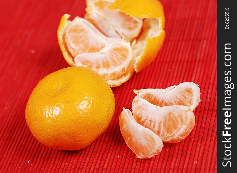 Juicy yellow and tangerines on red background